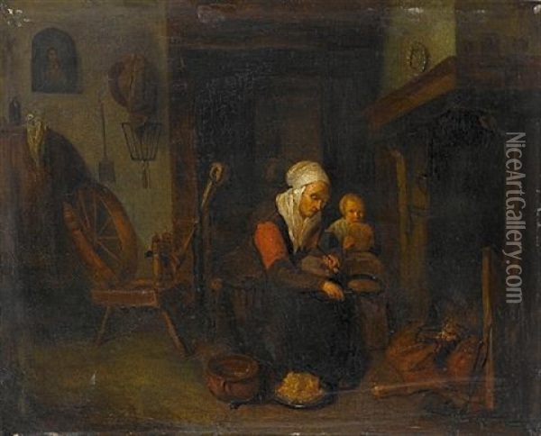 A Kitchen Interior With A Woman And Her Child By A Stove Oil Painting - Quiringh Gerritsz van Brekelenkam
