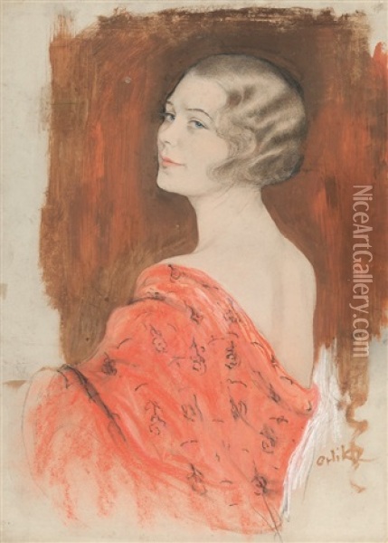 Portrat Einer Dame Im Roten Kimono Oil Painting - Emil Orlik