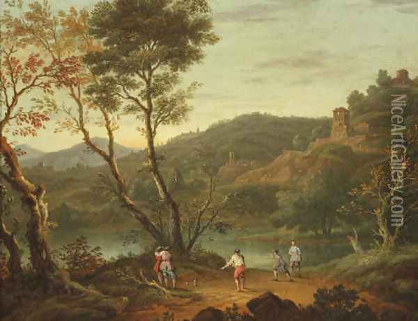An Italianate landscape with 'boule' players on the banks of a lake, fortified towns in the distance Oil Painting - Peter Tillemans