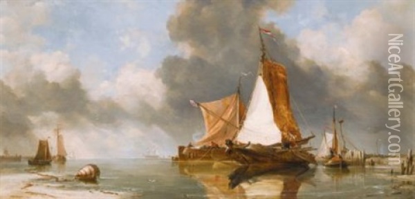 A Dutch Calm, Zuider Zee Fishing Craft Oil Painting - Edward William Cooke