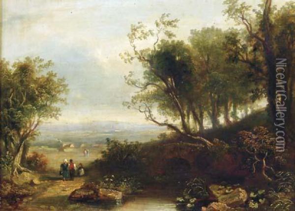 Figures On A Path By A Stream, A Valley Beyond Oil Painting - James Stark