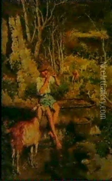 Goatherd Playing A Flute Oil Painting - Giuseppe Giardiello