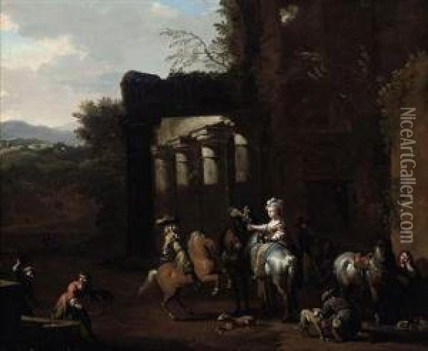 A Hunting Party At Rest Beside Classical Ruins Oil Painting - Jan von Huchtenburgh