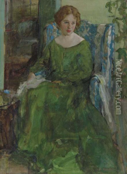 Girl In Green Dress Oil Painting - Henry Salem Hubbell