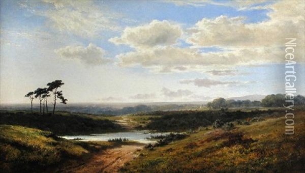 Pastoral Landscape With A Walker By A River, A Church Beyond Oil Painting - Edmund John Niemann