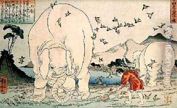 Twenty four paragons Tai Shun and the Elephants Oil Painting - Utagawa Kuniyoshi