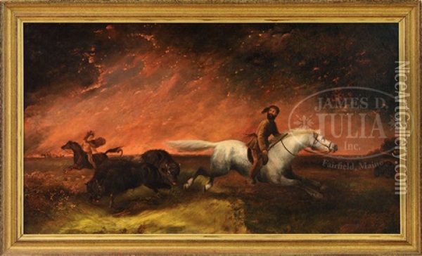 Buffalo And Hunters Fleeing A Great Fire Oil Painting - George Catlin
