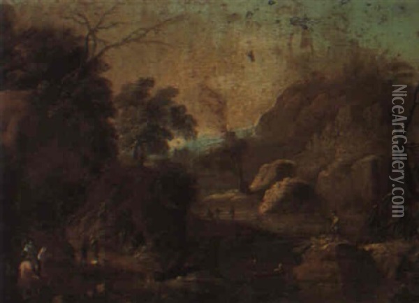 Wooded River Landscape With Numerous Figures Oil Painting - Christoph Ludwig Agricola