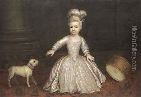 Portrait Of A Young Child, Full-Length, In A White Dress With A Dog And Drum Beside A Column, In An Interior Oil Painting - Philippe Mercier