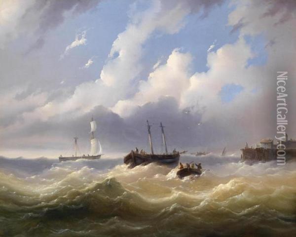 Ships On A Stormy Sea Oil Painting - Josef Carl Berthold Puttner