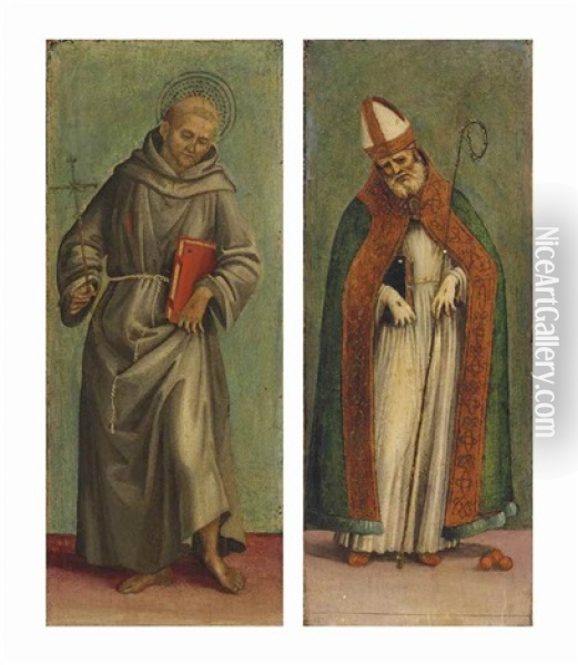 Saint Francis Of Assisi; And Saint Nicholas Of Bari Oil Painting - Luca Signorelli