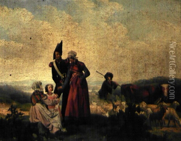 Un Soldat Napoleonien Et Sa Familly En Promenade A La Campagne Oil Painting - Auguste-Xavier Leprince
