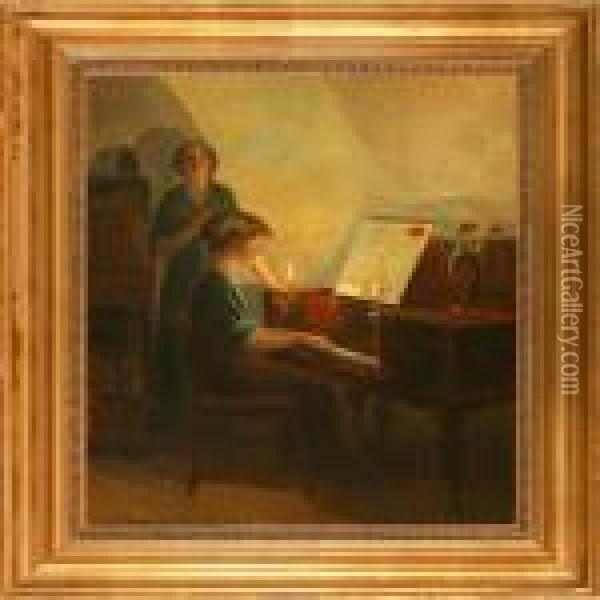 Interior With Two Women At A Piano Oil Painting - Poul Friis Nybo