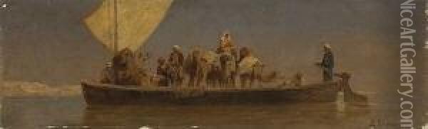 Nilfahre Mit Beduinen Und
 Kamelen. Oil Painting - Edmund Berninger
