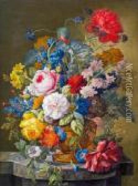 Blumenstillleben Mit Rosen Und Mohnblumen Oil Painting - Joseph Nigg