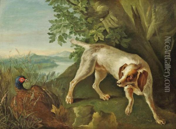 A Hound Flushing A Pheasant In A Landscape Oil Painting - Alexandre-Francois Desportes