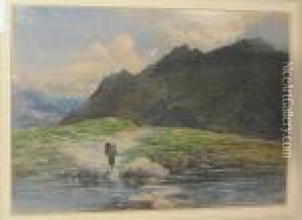 Landscape With Figure Stood At A River Bank, With Cattle And Mountains Beyond Oil Painting - Alfred Walter Williams