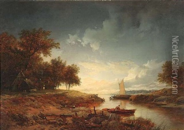 Hollandische Fluslandschaft Im Licht Der Abensonne Oil Painting - Remigius Adrianus van Haanen