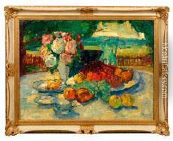 Stillleben Mit Blumenvase Und Fruchten Auf Einem Gartentisch Oil Painting - Theodor Hummel