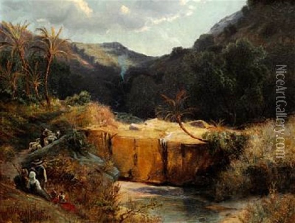 Landscape With Palm Trees And Men Resting Oil Painting - Fritz Klingelhoefer