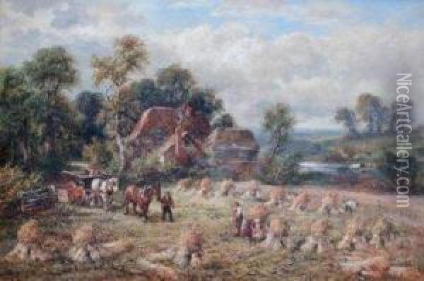 Horse And Tumbrel Cart With Figures Binding Corn Stooks Near Cottages Oil Painting - James Baker Pyne