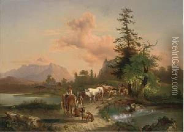 Herding The Cattle Over A Bridge Oil Painting - Johann Jacob Norbert Grund