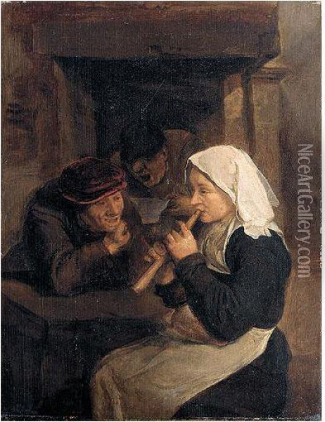 An Interior With Peasants Singing And A Woman Playing A Recorder Before A Fireplace Oil Painting - Harmen Fransz. Hals