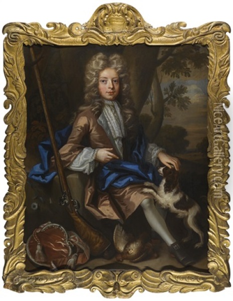 Portrait Of A Boy Seated In A Landscape, With A Spaniel And A Flintlock Oil Painting - John Closterman