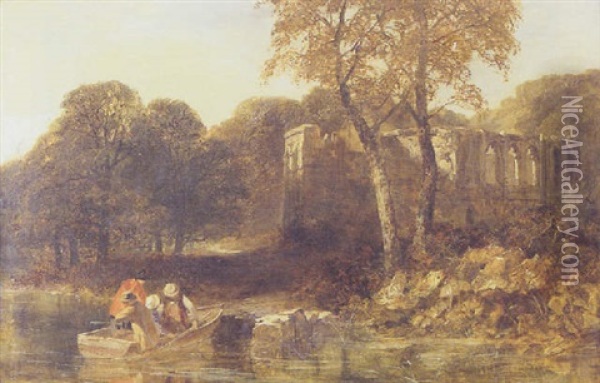 River Landscape With An Abbey Beyond (easby Abbey?) Oil Painting - James Peel
