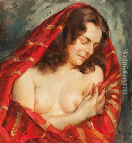 Female Semi-nude With Red Cloth Oil Painting - Wilhelm Hempfing