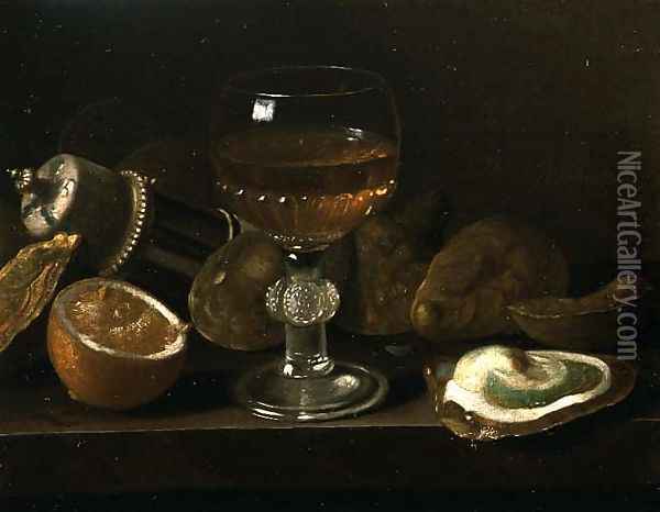 An Overturned Salt and a Wine Glass on a Ledge with Oysters and Lemons Oil Painting - Pieter Gerritsz. van Roestraten