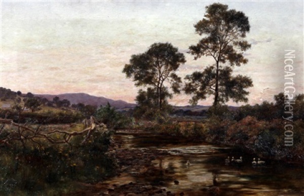 River Landscape At Sunset Oil Painting - Josiah Clinton Jones