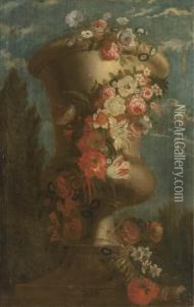 Roses, Carnations, Tulips, Morning Glory And Other Flowers In Anurn Oil Painting - Jan-baptist Bosschaert