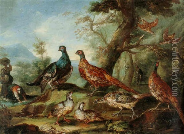 Game Birds In A Landscape With Washerwomen Beyond Oil Painting - Giovanni (Crivellino) Crivelli