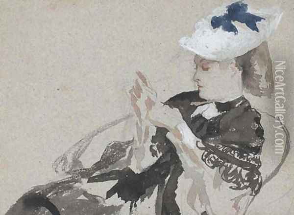 A young woman, seated in profie to the left, wearing a hat Oil Painting - James Jacques Joseph Tissot