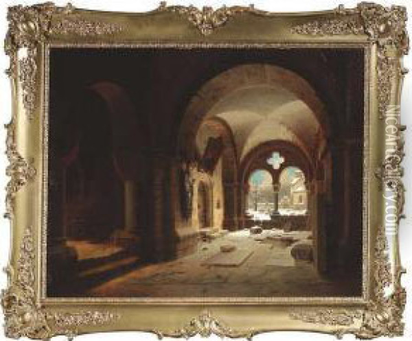 Medieval Cloister With Outlook To A Wintry Churchyard Oil Painting - Willem Steuerwaldt