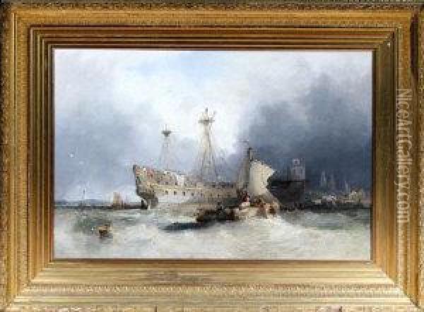 A Three-decker Warship Re-fitting In A Continental Harbour Oil Painting - John Wilson Carmichael