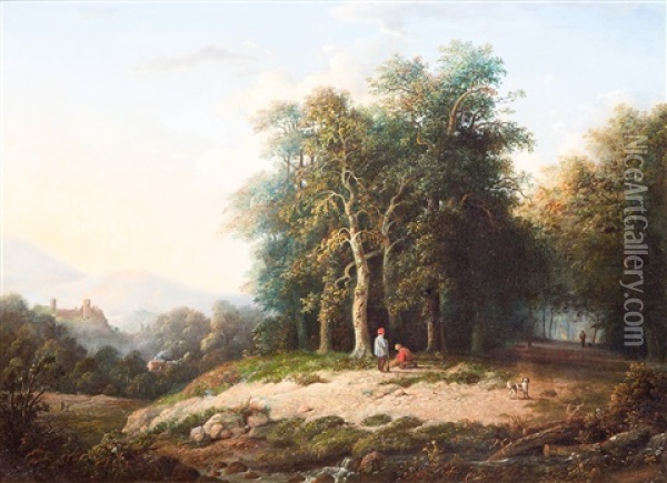 Wood Gatherers In A Hilly Countryside Oil Painting - Izaac Reijnders