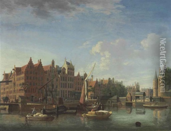The Gelderse Kade, The Haan And Sleutels Brewery, And The Waag, Amsterdam Oil Painting - Jan ten Compe
