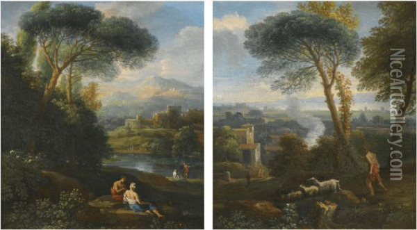 A Roman Landscape With A Shepherd And His Flock Oil Painting - Jan Frans Van Bloemen (Orizzonte)