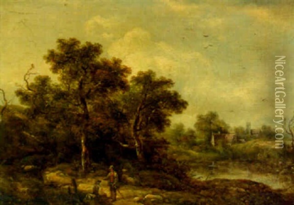 Figures On A Path Before A Village Pond Oil Painting - Richard H. Hilder