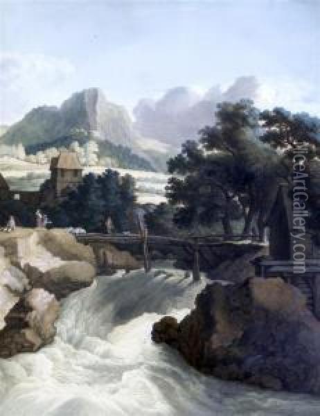 Waterfall In A Landscape Oil Painting - Johann Gottlieb Prestel