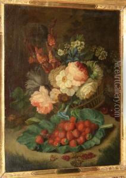 Roses And Other Flowers In A Basket And Strawberries On A Cabbage Leaf Oil Painting - Cornelis van Spaendonck