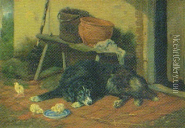 Gardsinterior Med Vilande Hund Och Kycklingar Oil Painting - Arthur Batt
