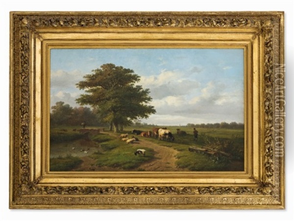 Landscape With Shepherd Oil Painting - Louis-Pierre Verwee and Eugene Joseph Verboeckhoven