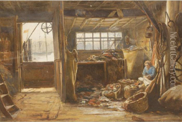 A Woman In A Shack Mending Fishing Nets Oil Painting - Charles Napier Hemy