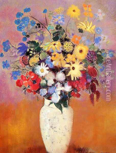 Large Bouquet In A Japanese Vase Oil Painting - Odilon Redon