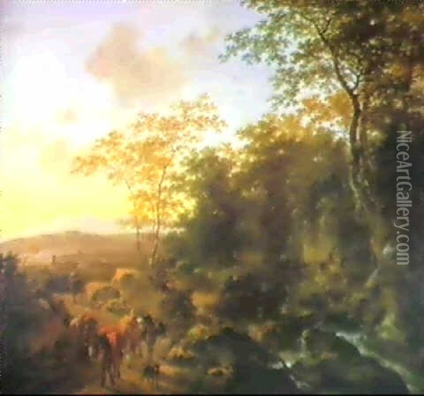 Italianate Landscape With Drovers And Mules On A Path       Beside A Torrent Oil Painting - Jan Dirksz. Both