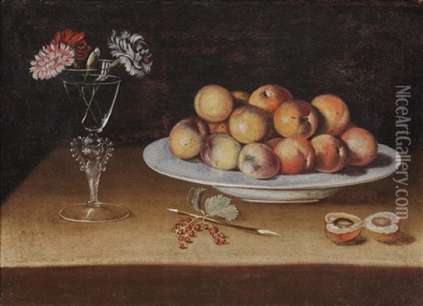 Still Life With Peaches And Carnations Oil Painting - Juan de Zurbaran
