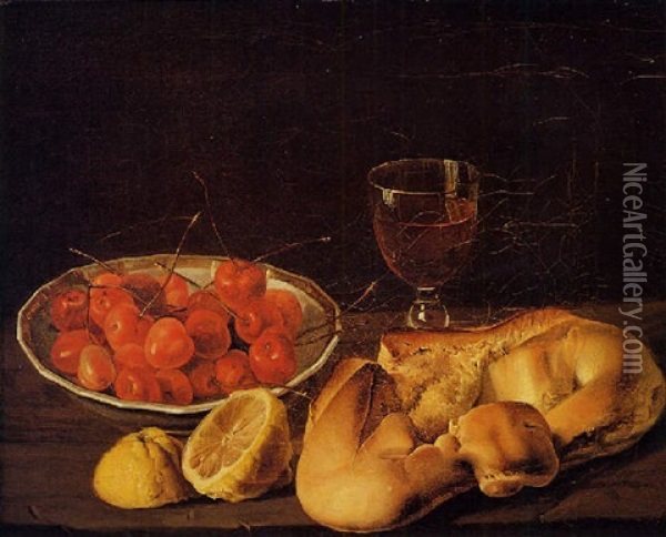 Natura Morta Con Pane, Limone, Un Calice Di Vino, Un Piatto Di Ciliegie Oil Painting - Luis Melendez